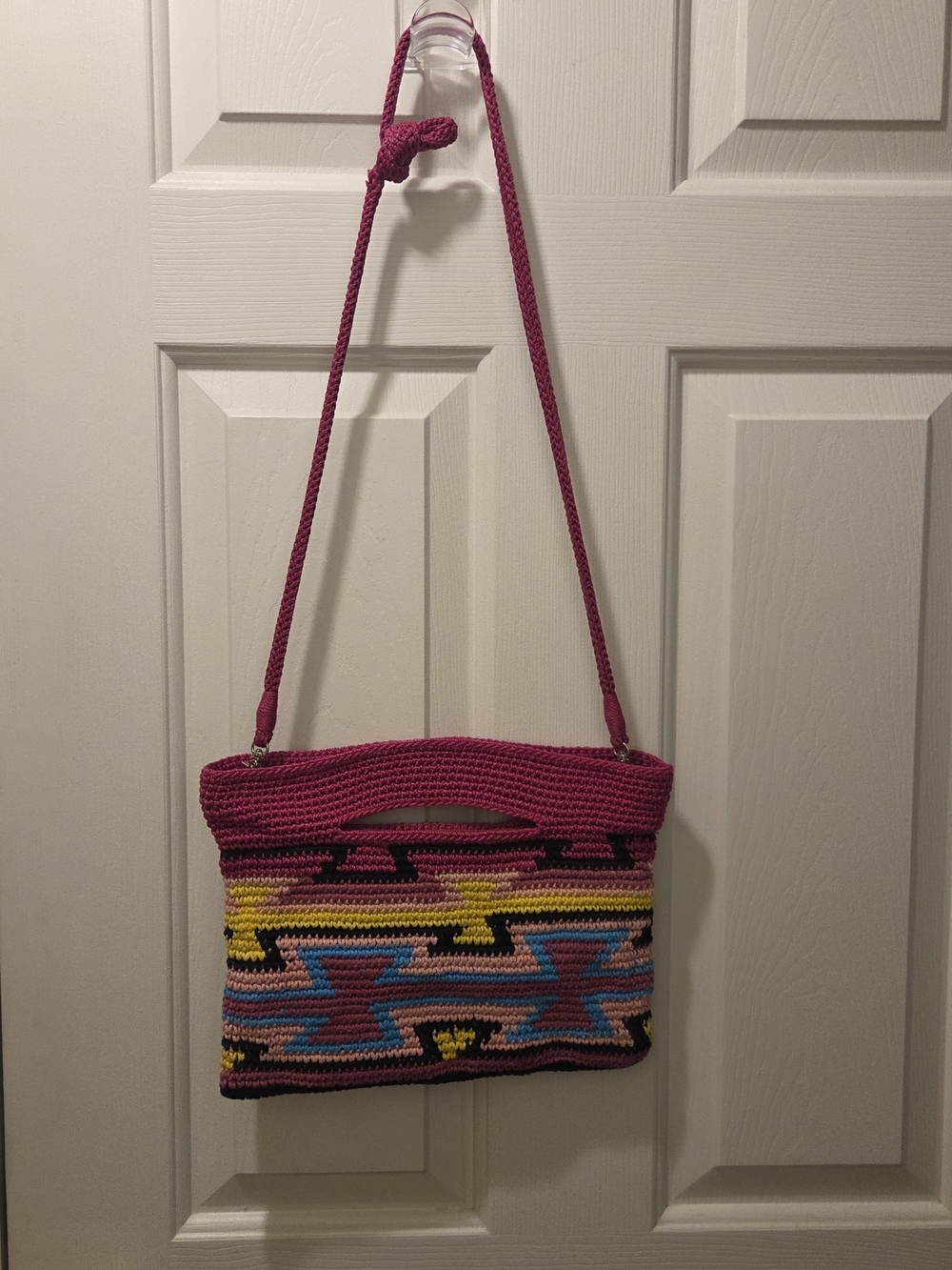 The Sak Pink Crocheted Crossbody with Multi-Color Geo Pattern
